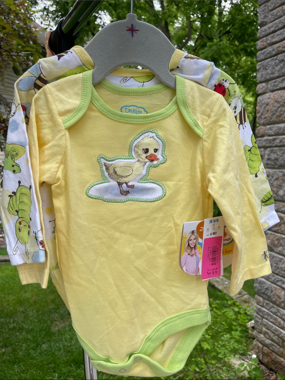 TRULY Yellow and Green Duck Appliqué Baby TWO One-Piece Bodysuits